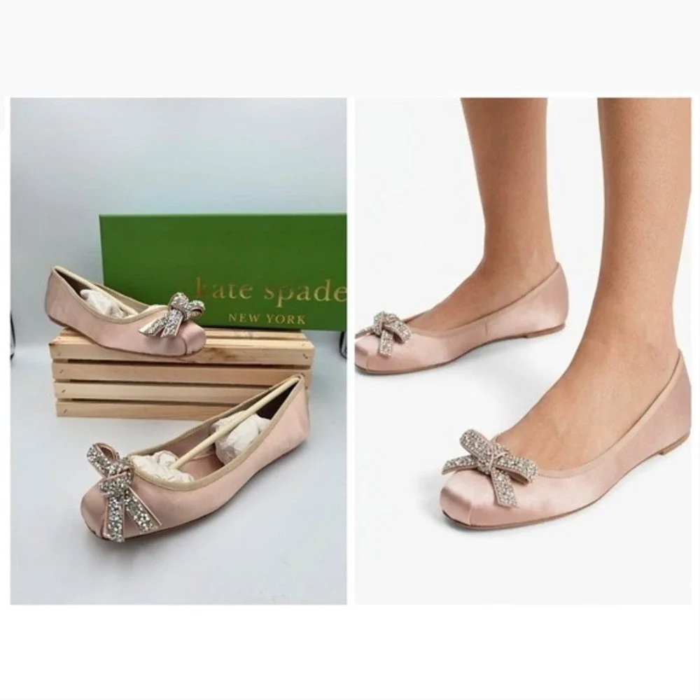 Kate Spade Freya Roasted Peanut Satin Crystal Bow Ballet Flats Pink 6.5M NEW